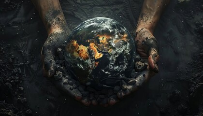 Hands made of coal and oil cradling the Earth, discussing energy consumption and fossil fuels