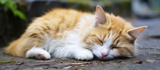A cat with yellow and white fur peacefully rests on the ground providing a copy space image at the bottom