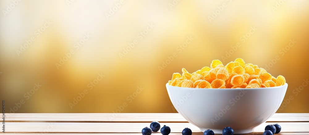 Aufkleber closeup of a delicious and crunchy bowl of corn flakes topped with milk and blueberries displayed on