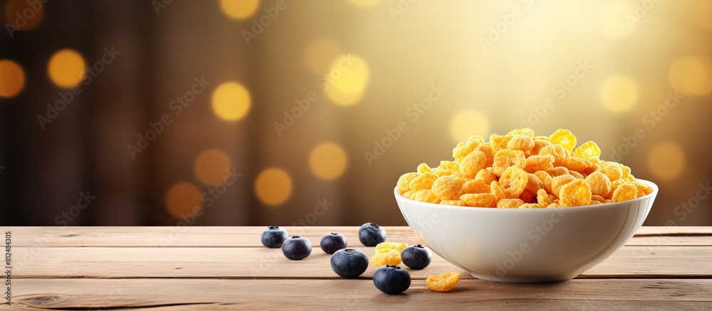 Poster closeup of a delicious and crunchy bowl of corn flakes topped with milk and blueberries displayed on