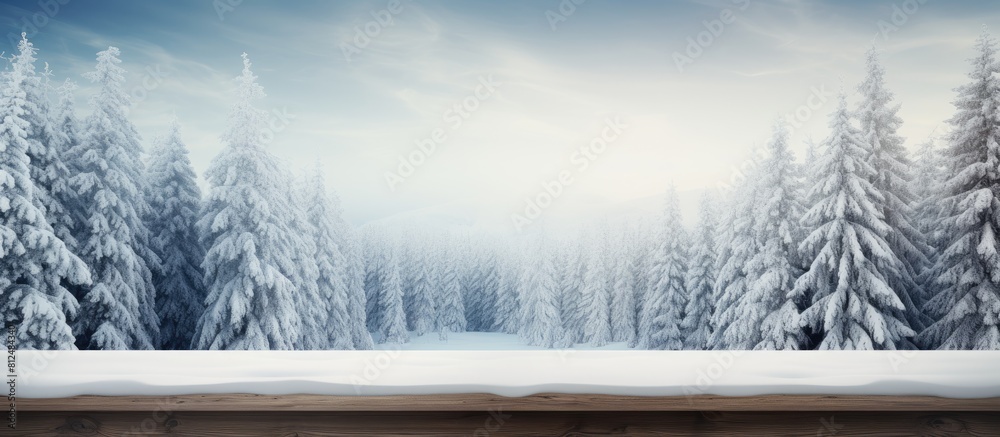 Poster winter forest with snow and tall pine trees displaying an empty wooden table a scenic christmas or w