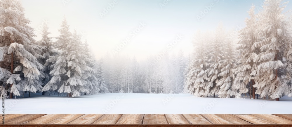 Leinwandbilder Winter forest with snow and tall pine trees displaying an empty wooden table A scenic Christmas or winter backdrop with ample copy space ideal for product display templates