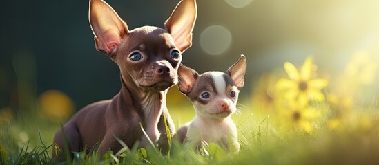 Sphynx kitten and Toy terrier puppy both young pose together in a summer park creating a copy space image for text