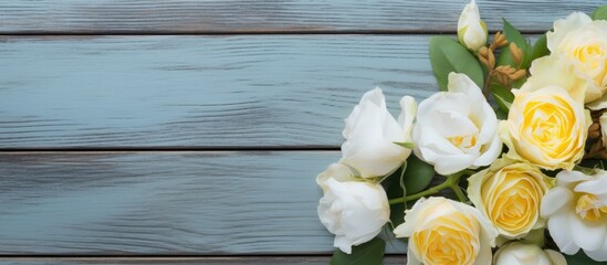 A white and yellow rose arrangement is beautifully displayed on a rustic blue wooden background creating a perfect copy space image for a message on a blank white card