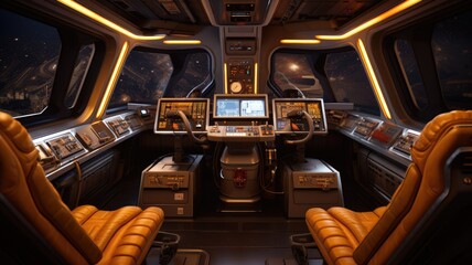 Futuristic spaceship cockpit interior with a view of space station and stars. A large spaceship window show view of space and modern cockpit with control panel with glowing light. Technology. AIG35.