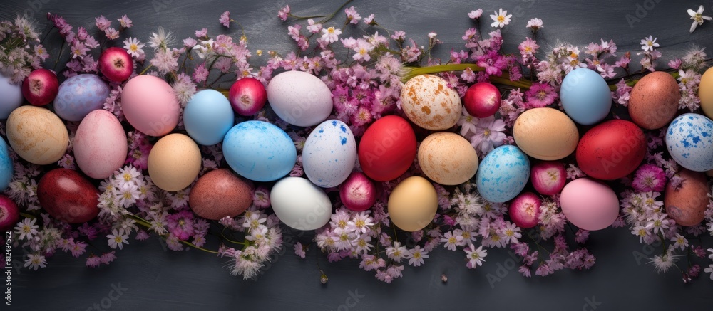 Poster colorful easter eggs arranged on a table with gypsophila flowers creating a vibrant composition the 