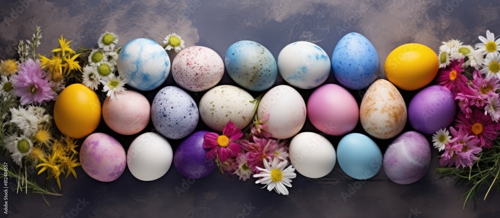 Poster colorful easter eggs arranged on a table with gypsophila flowers creating a vibrant composition the 