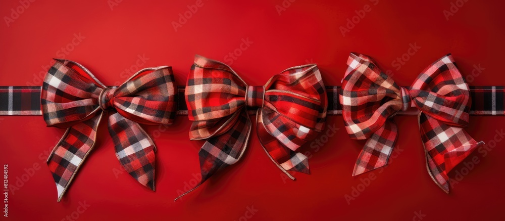 Poster A festive arrangement of bows on a red checkered tablecloth for a Christmas themed image with empty space. Creative banner. Copyspace image