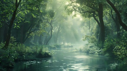 A breathtaking view of towering trees lining the banks of a meandering river, their lush foliage...