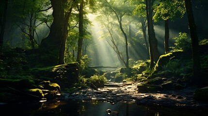 A lush green forest with sunlight streaming through the trees for Earth Day. - Powered by Adobe