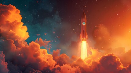 Spaceship takes off into the sky. Rocket starts into space. illustration