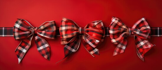 A festive arrangement of bows on a red checkered tablecloth for a Christmas themed image with empty space. Creative banner. Copyspace image