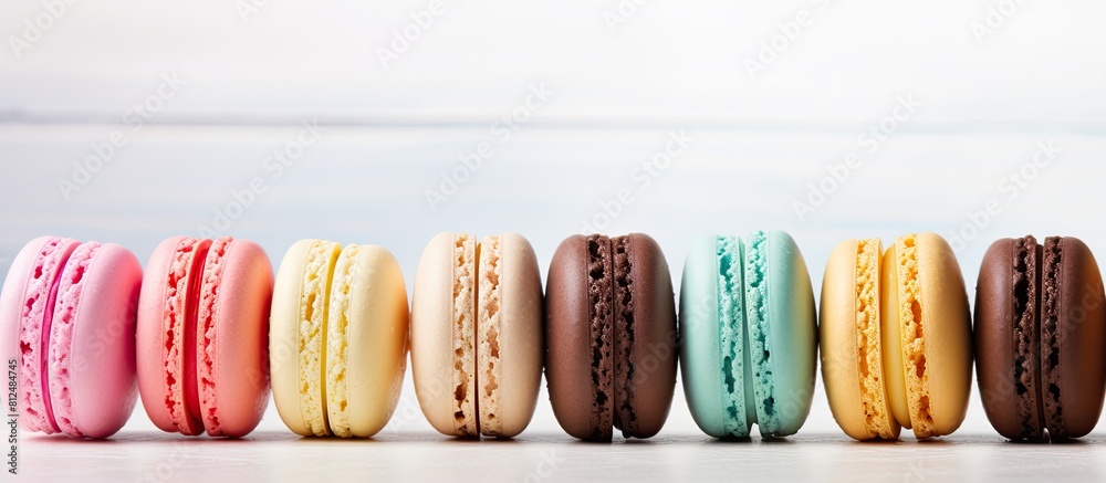 Aufkleber A colorful array of pastel almond cookies known as macarons is placed on a light background with ample space for additional images or text