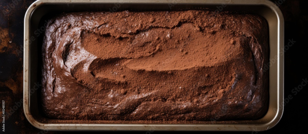 Poster baking a homemade chocolate cake or brownie with a basic raw dough in a baking pan ready to be cooke