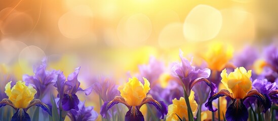 A beautiful blend of yellow and purple iris flowers set against a blurred sunny nature backdrop offering a copy space image for text as a mock up template