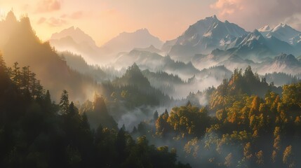 A breathtaking vista of a mountain range at sunrise, with mist swirling around the peaks and a...