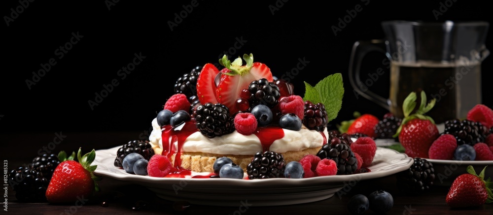 Poster a beautifully adorned table displays a scrumptious dessert adorned with fresh berries leaving a spac