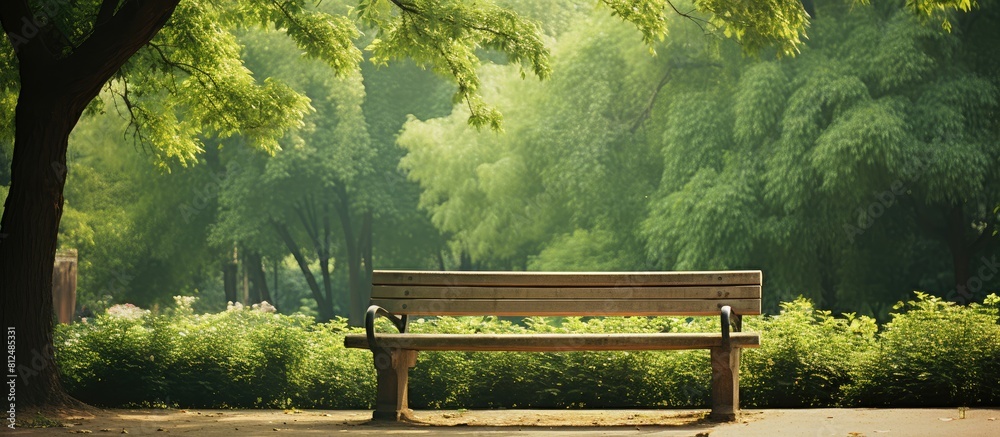 Poster a beautiful wooden bench surrounded by greenery in a peaceful park perfect for relaxing and enjoying