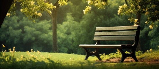 A beautiful wooden bench surrounded by greenery in a peaceful park perfect for relaxing and enjoying the serene atmosphere Short sentence for copy space image Serene park bench