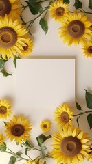 Flat lay paper greeting card in the center with surrounding sunflower on white background. 3D mockup invitation card