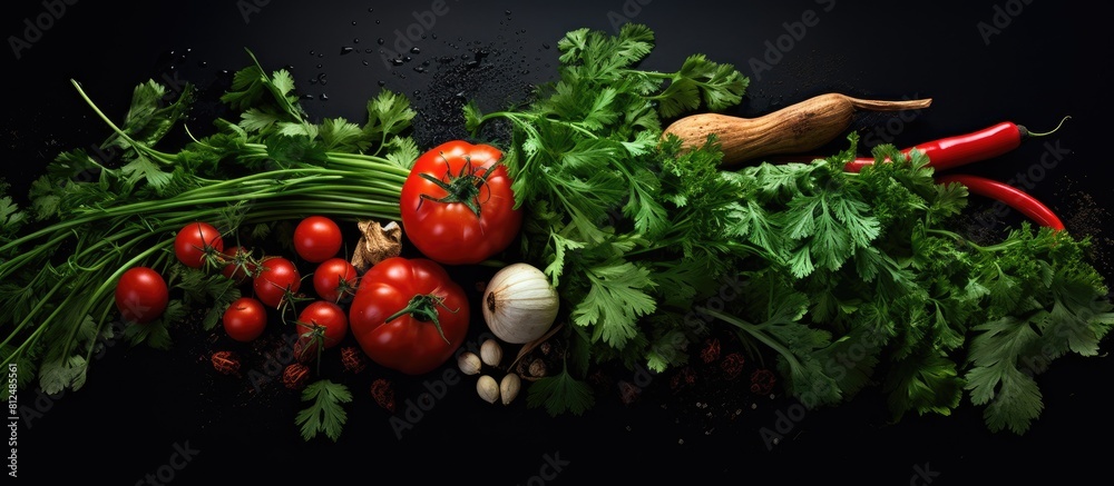 Poster A dark background blends with fresh tomato varieties and aromatic herbs like parsley and dill creating a captivating image symbolizing the concept of organic food Copy space image