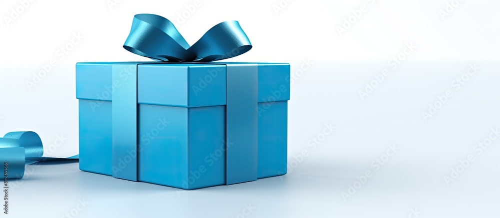 Poster A blue gift box is seen alone on a white background with empty space around it for adding images or text. Creative banner. Copyspace image