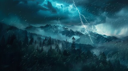 A dramatic 4K landscape of a stormy sky over rugged mountains, with lightning illuminating the dark clouds and rain pouring down on a dense forest of trees below. - Powered by Adobe