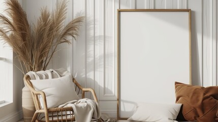 Boho interior in living room with woven armchairs with white pillow and blanket, blank frame picture mockup with dry grass in a pot on white wooden vertical texture wall