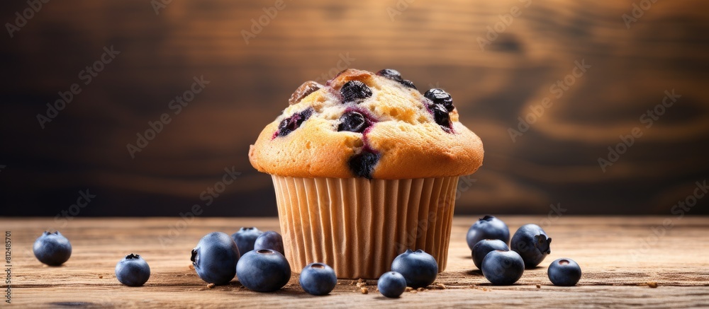 Poster a delicious blueberry muffin made with oats is displayed on a wooden background ready to be baked th