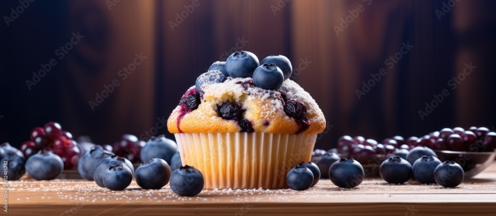 Poster a delicious blueberry muffin made with oats is displayed on a wooden background ready to be baked th