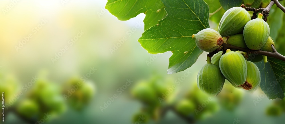 Poster A blurred background provides copy space for an image of a branch adorned with fresh green figs