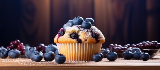 A delicious blueberry muffin made with oats is displayed on a wooden background ready to be baked The image provides ample space for copy