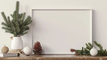 Mockup blank white frame picture near pine tree in vase, book, white christmas on wooden table. Mockup greeting frame