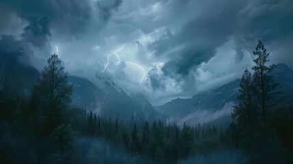 A dramatic 4K landscape of a stormy sky over rugged mountains, with lightning illuminating the dark clouds and rain pouring down on a dense forest of trees below.