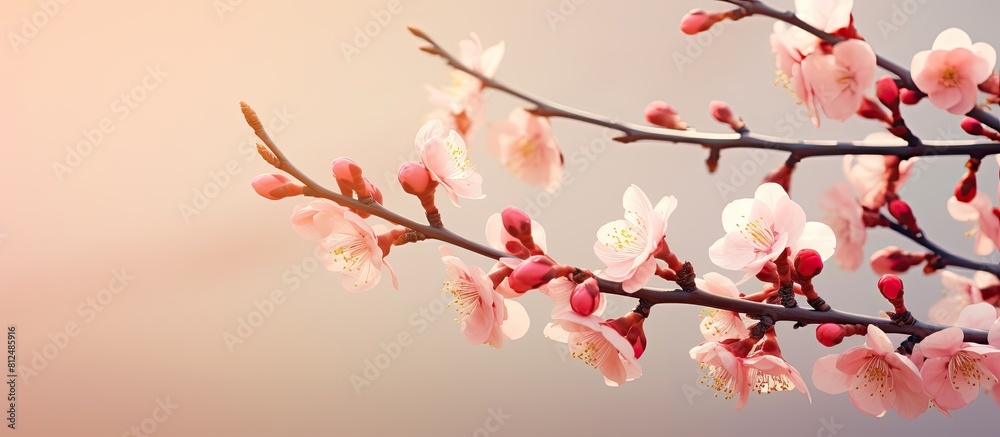 Poster Peach branches in full bloom with ample copy space image