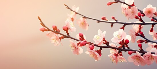 Peach branches in full bloom with ample copy space image