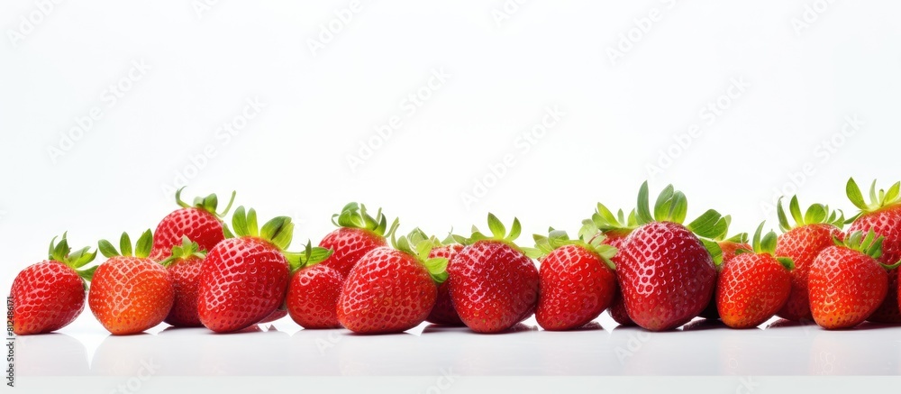 Poster a vibrant bunch of freshly picked strawberries arranged on a blank white backdrop with ample space f