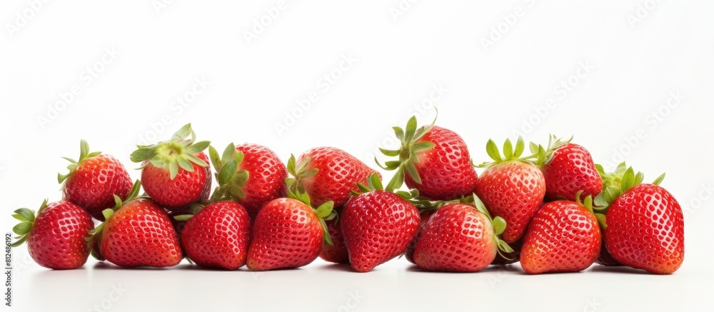 Poster a vibrant bunch of freshly picked strawberries arranged on a blank white backdrop with ample space f