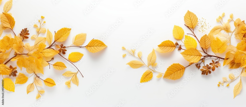 Leinwandbilder a greeting card with a floral design for autumn featuring a border of yellow leaves on a white surfa