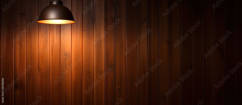 Poster a hanging lamp on the ceiling casts a gentle glow illuminating the dark wooden room creating a capti