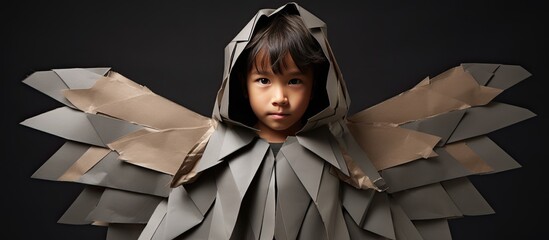 A child with cardboard wings posed against a grey background in a digital composite image. Creative banner. Copyspace image - Powered by Adobe