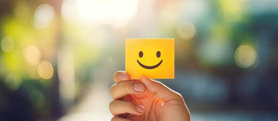 Happy smile face card being held in hand conveying the concept of positive thinking mental health emotional recovery growth mindset and an array of happiness emotions The image provides ample copy sp