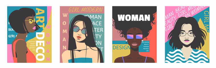 Woman face poster. Female portraits. Trendy glasses and hairstyles. Art Deco graphic design. Modern beauty and fashion. Attractive girl heads. Abstract color painting. Simple cover. Vector banners set