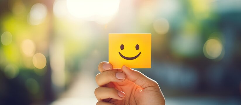 Happy smile face card being held in hand conveying the concept of positive thinking mental health emotional recovery growth mindset and an array of happiness emotions The image provides ample copy sp
