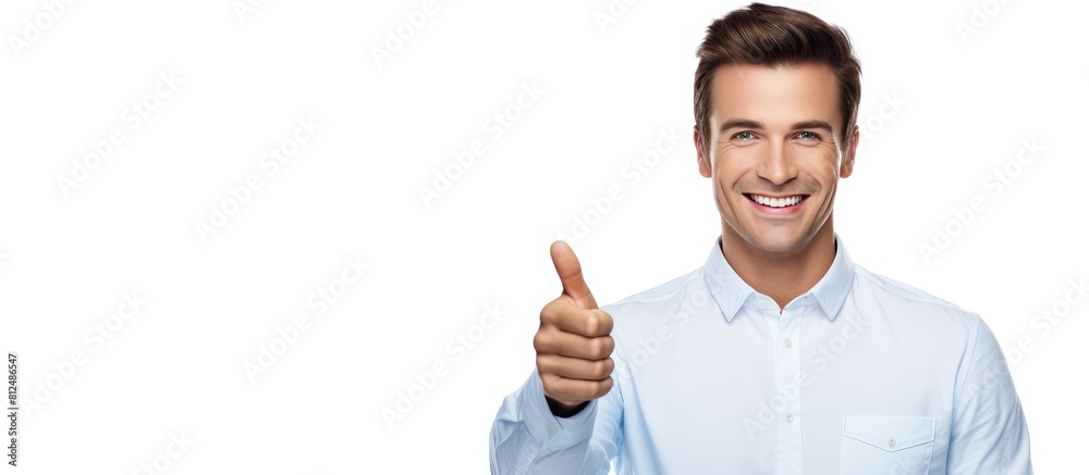 Poster a cheerful young man presents and showcases your text or product in a portrait the white background 