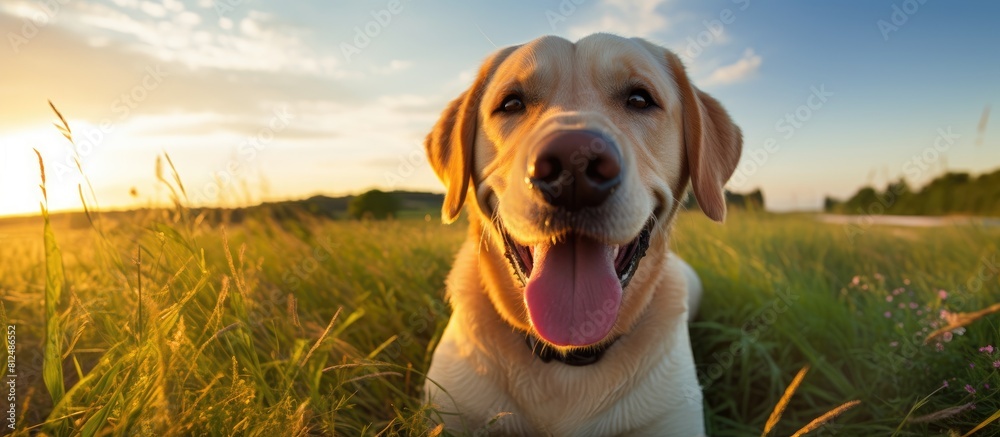 Poster a cheerful yellow dudley labrador retriever dog poses for a portrait in front of a textured concrete