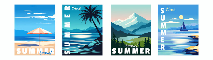 Summer travel. Beach poster, vintage style card design, ocean or sea vacation abstract art, party spring storm sunset landscape Mediterranean. Sand seashore with palms and mountains. Vector background