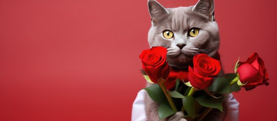 A charming gray cat wearing a red bowtie and holding a bouquet of roses stands on a red backdrop creating a delightful congratulations concept with copy space image