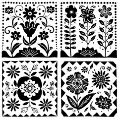
black and white seamless vector pattern of scandinavian folk art flowers in the style of traditional