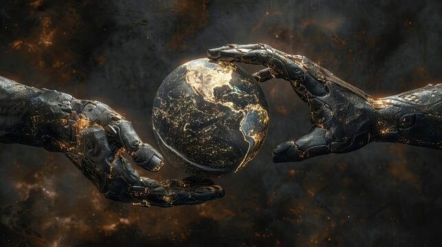 Magnetic hands attracting a metallic Earth, illustrating the magnetic forces of our planet